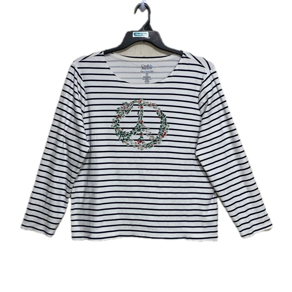 Croft & Barrow Classic Tee Womens XXL Stripe Peace Scoop Neck Cotton Long Sleeve
